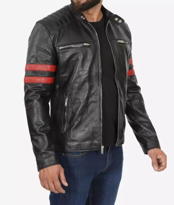 Mens Black and Red Striped Biker Leather Jacket