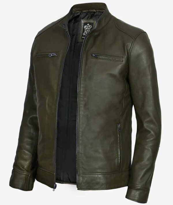 Dodge Military Green Cafe Racer Leather Jacket for Men