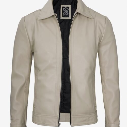 Mens Classic Shirt Collar Beige Leather Jacket