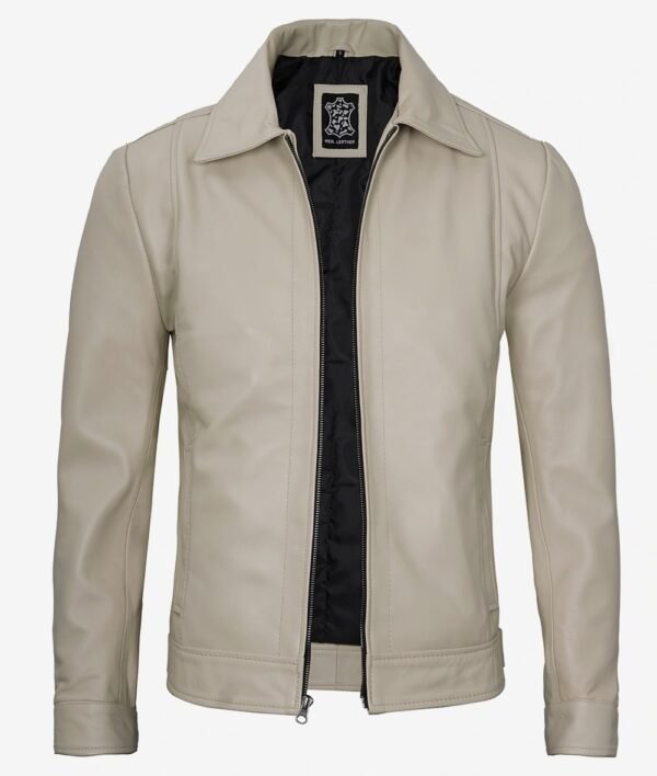 Mens Classic Shirt Collar Beige Leather Jacket