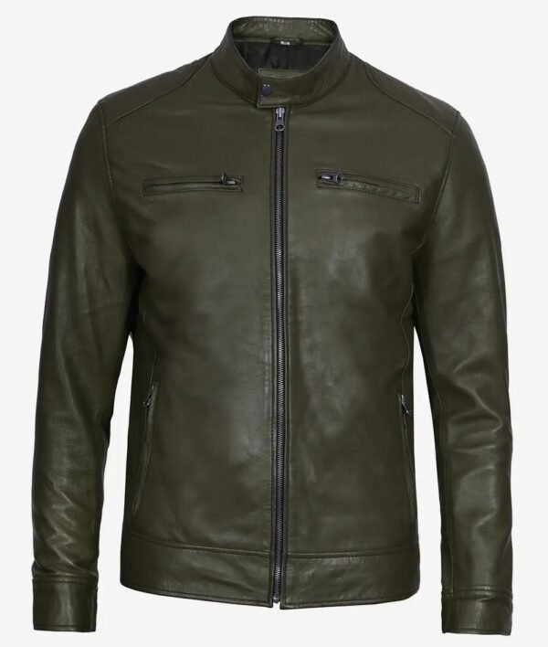 Dodge Military Green Cafe Racer Leather Jacket for Men