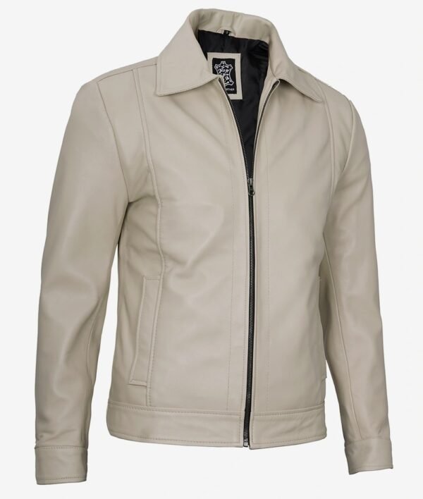 Mens Classic Shirt Collar Beige Leather Jacket