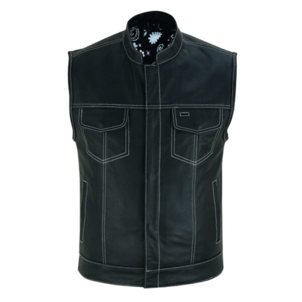 Men’s Paisley Black Leather Motorcycle Vest with White Stitching