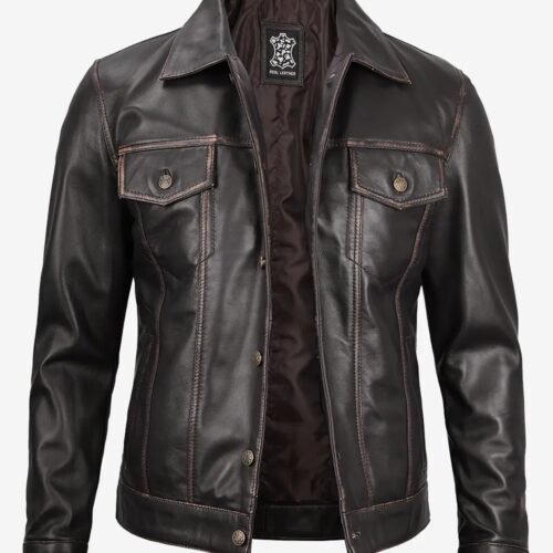 Fernando Mens Dark Brown Leather Trucker Jacket