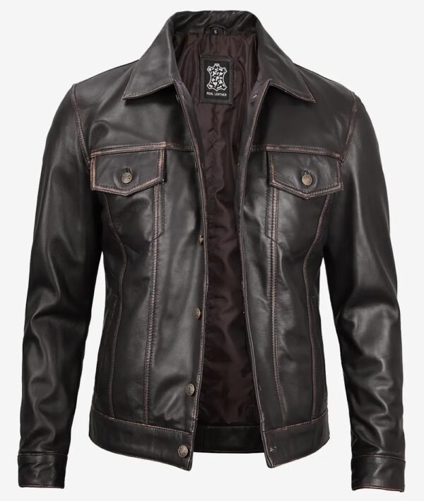 Fernando Mens Dark Brown Leather Trucker Jacket