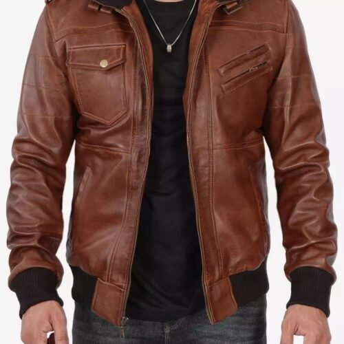 Mens Tall Brown Leather Bomber Jacket With Removable Hood