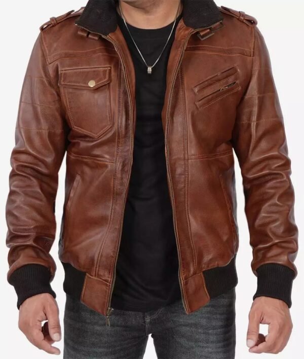 Mens Tall Brown Leather Bomber Jacket With Removable Hood