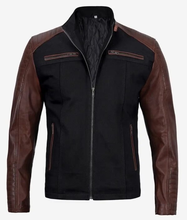 Mens Cafe Racer Black & Brown Jacket with Leather Sleeves