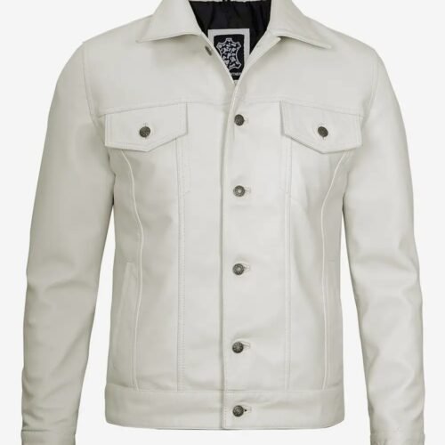 Mens Four Pockets Off White Leather Trucker Jacket