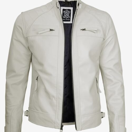 Mens Quilted Shoulder Off White Cafe Racer Leather Jacket