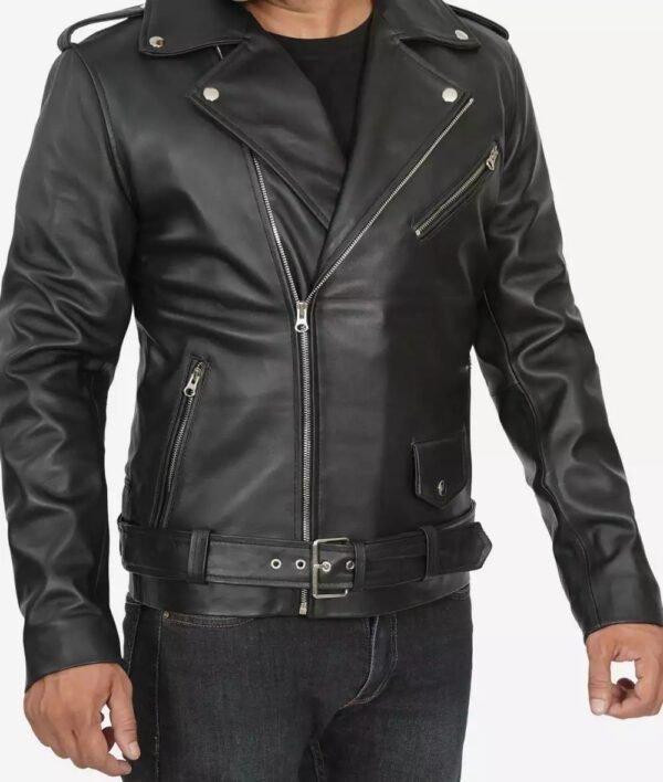 Mens Asymmetrical Black Belted Moto Leather Jacket