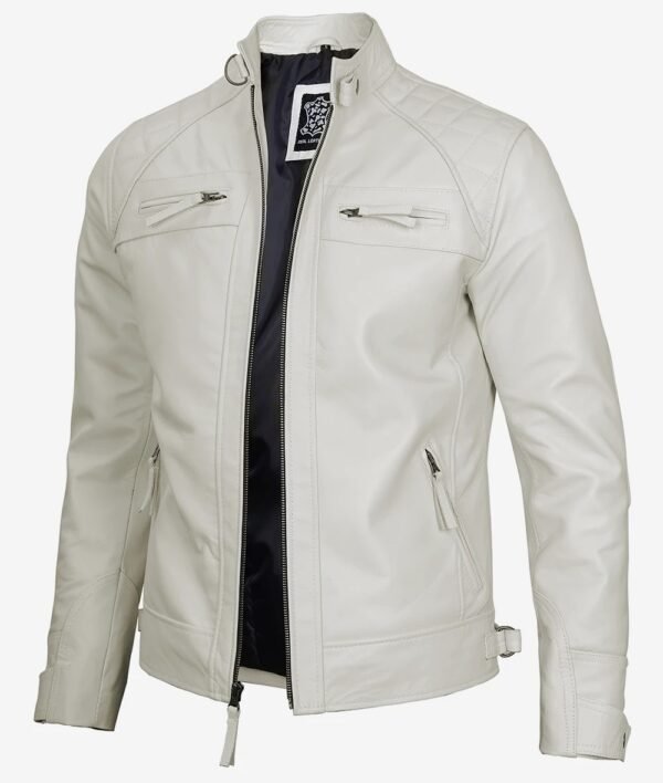 Mens Quilted Shoulder Off White Cafe Racer Leather Jacket