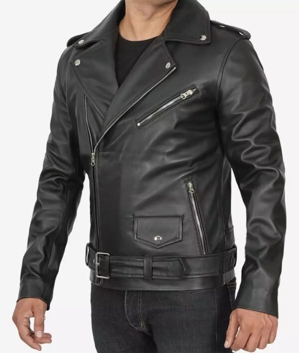 Mens Asymmetrical Black Belted Moto Leather Jacket