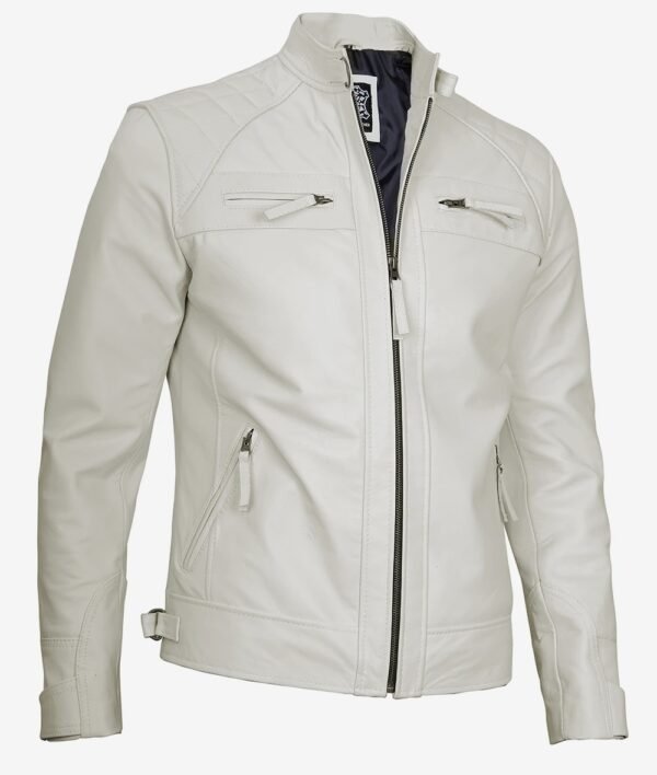 Mens Quilted Shoulder Off White Cafe Racer Leather Jacket