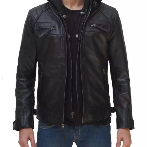 Mens Black Leather Jacket with Removable Hood