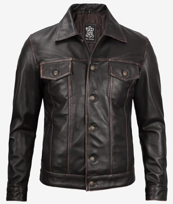 Fernando Mens Dark Brown Leather Trucker Jacket