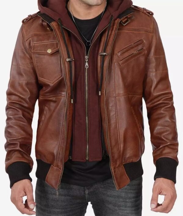 Mens Tall Brown Leather Bomber Jacket With Removable Hood