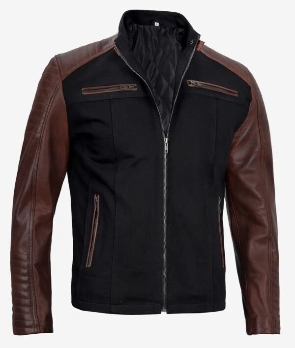 Mens Cafe Racer Black & Brown Jacket with Leather Sleeves