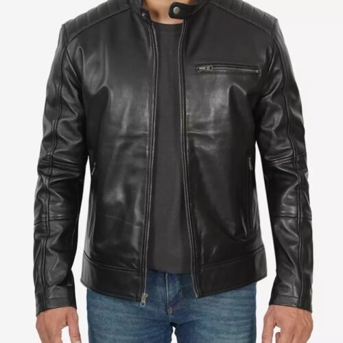 Everhart Mens Black Cafe Racer Leather Jacket with Padded Shoulders