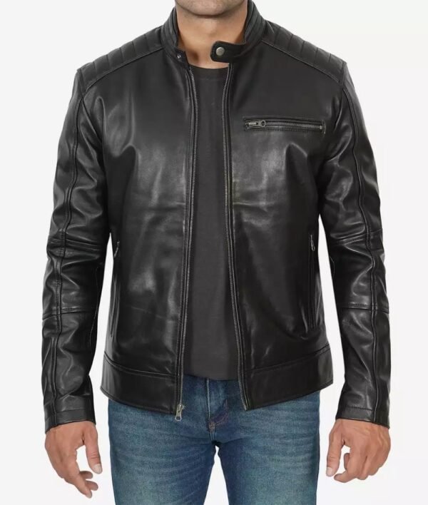 Everhart Mens Black Cafe Racer Leather Jacket with Padded Shoulders