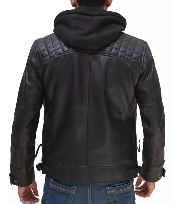 Mens Black Leather Jacket with Removable Hood