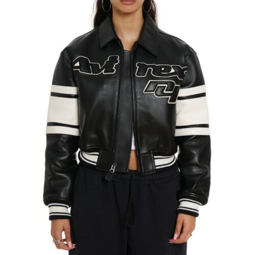 AVIREX CROPPED BLACK ICON LEATHER JACKET