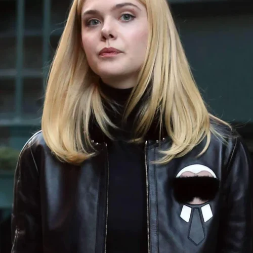 Elegant Black Faux Fur Leather Jacket Worn By Elle Fanning