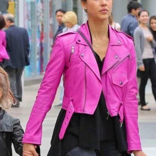 Premium Hot Pink Biker Leather Jacket Worn By Jessica Alba