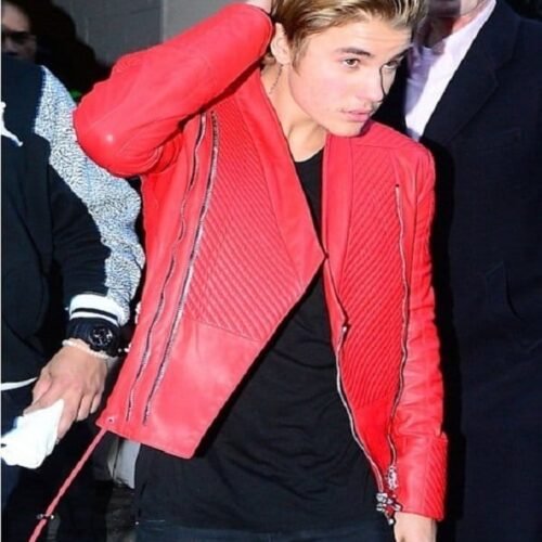 Elegant Red Sheep Leather Jacket Worn By Justin Bieber