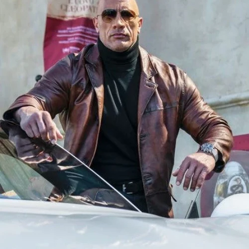 Red Notice Look Decadent Leather Coat Worn by Dwayne Johnson