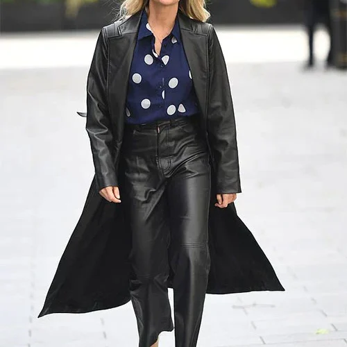 Stylish Black Leather Long Coat Worn by Ashley Roberts