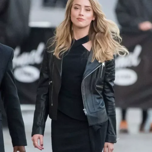 BLACK BIKER LEATHER JACKET WORN BY AMBER HEARD