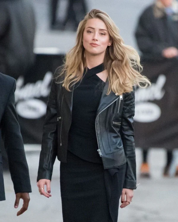 BLACK BIKER LEATHER JACKET WORN BY AMBER HEARD