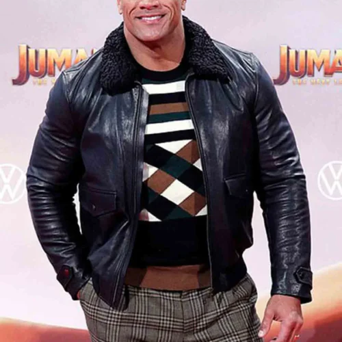 Men’s Designer Leather Jacket with Faux Shearling Collar Worn by Dwayne Johnson