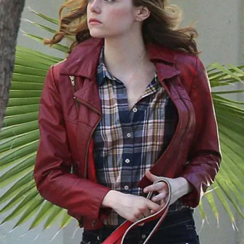 Elegant Red Leather Jacket Worn By Emma Stone