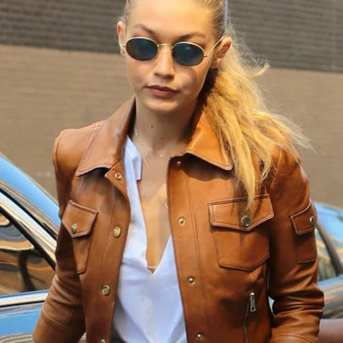 Brown Slim Fit Leather Jacket Worn by Gigi Hadid