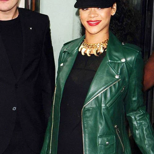 Elegant Green Leather Jacket Worn By Rihanna