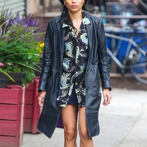 Bold Long Leather Coat worn by Zoë Kravitz